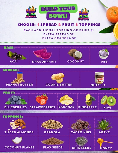 N Da Bowl's Build Your Bowl board: choose 1 spread, 2 fruit, 3 toppings; each additional topping or fruit $1, extra spread $2, extra granola $2